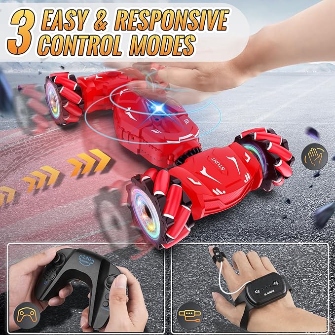 Pristar RC Stunt Cars Gesture Sensing Remote Car Toys for 6-12 Boys Girls 2.4Ghz Hand Remote Control Car with Spray Lights Music 360° Rotation 4WD Off-Road Birthday Xmas Gifts for Kids Age 6-12