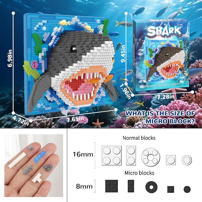 Shark Animal 3D Wall Art Micro Mini Building Blocks Set Unique Home Wall Decor or Table Display No Compatible with Lego Ideal Gift Toy for Adults &amp Boys Girls 14+ (1644 PCS)