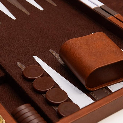 Backgammon Board Game Deluxe Leather Like Case Felt Interior Brown Classic Backgammon Game Popular Board Game Board Games (Medium (15))