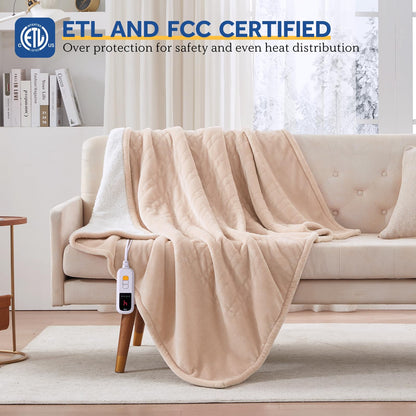 Sealy Electric Blanket Throw Size 50"*60",Super Cozy Flannel to Sherpa Reversible Heated Blanket Throw with 6 Heating Levels & 2-10 Hours Auto Off Overheating Protection Machine Washable,Beige