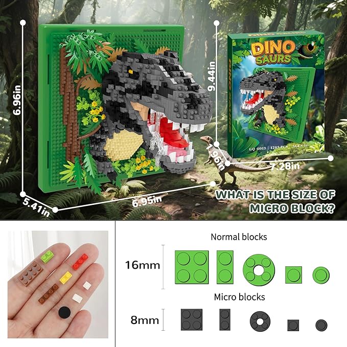 Dinosaur Animal 3D Wall Art Micro Mini Building Blocks Set Unique Home Wall Decor or Table Display Ideal Gift Toy for Adults &amp Teens 14+ (1263 PCS)