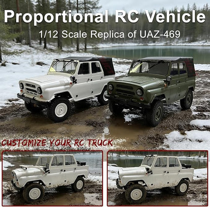YUCT WPL C94 RC Crawler - 4x4 1/12 Military RC Truck 2.4GhZ Off-Road Vehicle with Two Batteries &amp Metal Drive Shaft (Green)