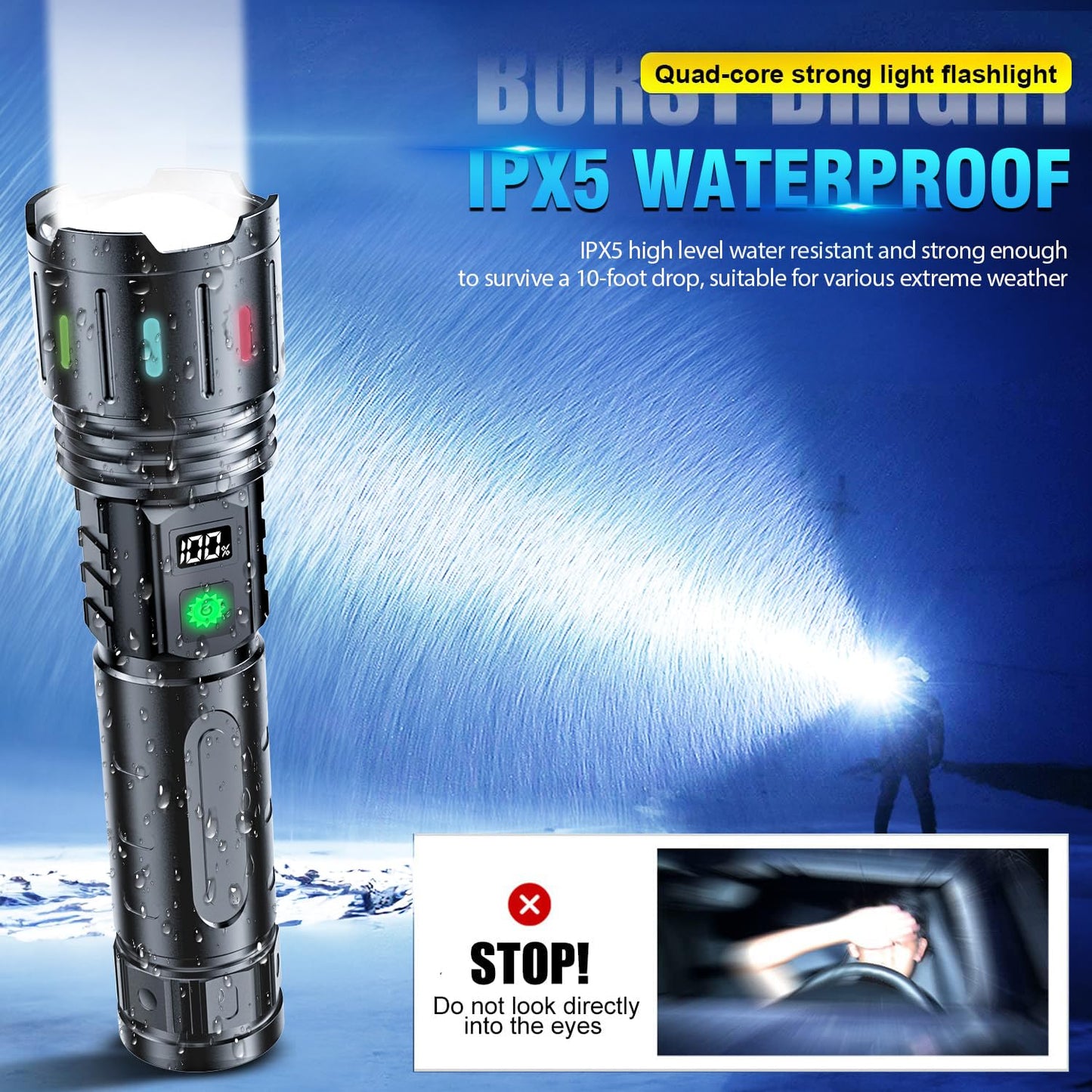 Hoxida Flashlights High Lumens Rechargeable - 1500 Meters Long Beam Super Bright LED Flash Light with Power Display & IPX5 Waterproof for Camping, 20H Runtime,Zoomable Handheld Flashlight-String
