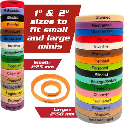 Deluxe Condition Rings w Wooden Case (64 Rings for Standard &amp Large) - 16 Conditions DND Flexible Design- Easy Affix Base Slides Under Figure- Works with Dungeons Dragons Pathfinder &amp All RP