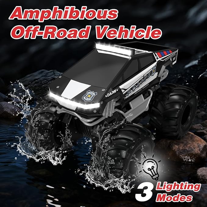 Police Remote Control Car 1:18 Cyber Truck Remote Control Car 2.4 GHz Waterproof Amphibious RC Cars 4WD All Terrain Off-Road Pickup 360° Rotatable Monster Truck Toys for Boys RC Cars Ages 6+