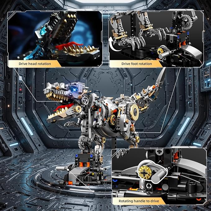 Mechanical T-Rex Dinosaur Building Blocks Set–Collectible Dino Model with Movable Gears LED Lights &amp Motor Complete with Display Stand Ideal Hobby Gift &amp Home Decor for Adults &amp Teens