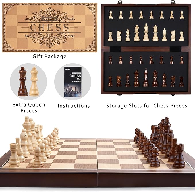 AMEROUS 15'' Magnetic Wooden Chess Set for Adults Kids - with Folding Board Gift Package Pieces Storage Slots Handmade PiecesChess Board Game Set for Tournament Professional Beginner