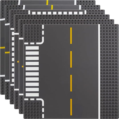 Apostrophe Games Road Baseplate – Premium Building Blocks Base Plates Compatible with All Major Brands – 6pcs Baseplate Gray with Road Design – Straight Curve Crossroad T-Junction