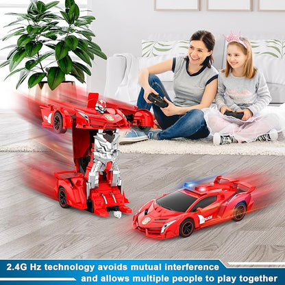 FDJ Transform Remote Control Car Robot One Button Deformation to Robot with Flashing Light 2.4Ghz 1:18 Scale Transforming Police Car Kids Toys with 360 Degree Rotating Drifting Toys for Boys Girls