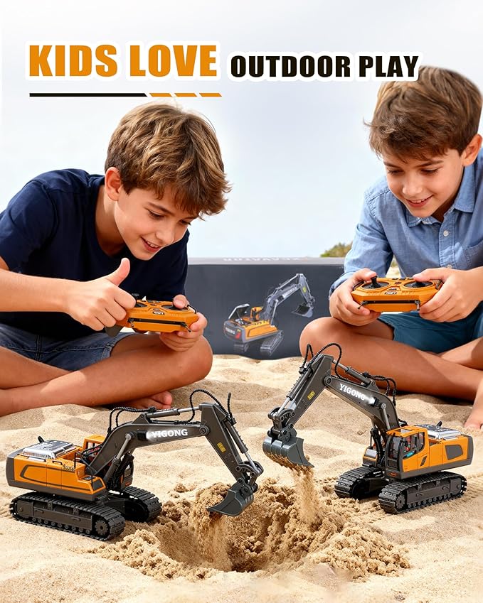 HuiJuKeJi 11-Channel Remote Control Excavator Toy Rechargeable 2.4 GHz RC Construction Vehicle for Kids 680° Rotation | Metal Shovel | Lights &amp Sounds for Boys Ages 6-12