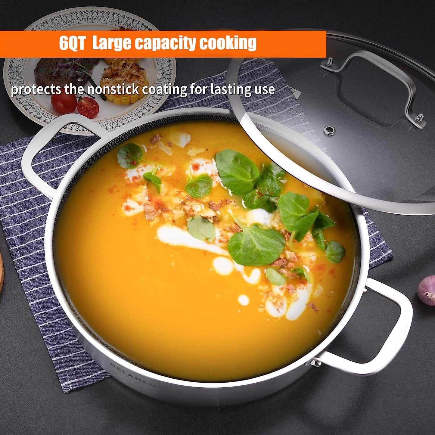 DELARLO Frying Pan,12 inch Skillet with lid,Tri-Ply Stainless Steel Saute Pan 6QT,Dishwasher-Friendly,Stay-Cool Handles,Oven-Safe Up to 660℉