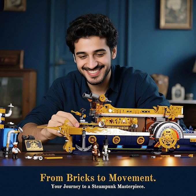 Steampunk Steamship Lighting Building Bricks Set - Steamboat Model Pirate Ship Destroyer Playset Collection Display kit with Minifigures 1792 Pcs for Adults &amp Teens &amp Steampunk Lovers