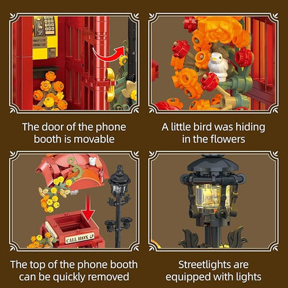Red London Telephone Box Building Blocks Set for AdultsIdeas Flowers Phone Booth Mailbox and streetlightsCreative Gift Home Office Retro Decor