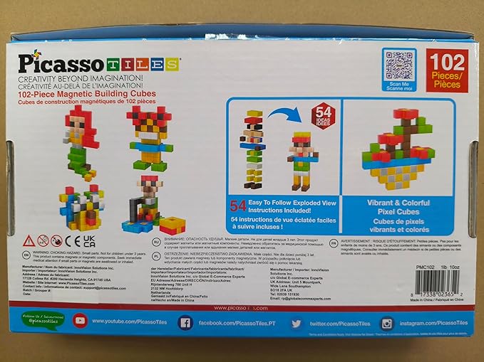 PicassoTiles 102pcs Pixel Magnetic Puzzle Cube 1” Pixel Mix &amp Match Toys with Ideabook STEM Education Learning Building Block Magnets Construction ToySet Stacking Creative Kit for Kids Age 3+ PMC1