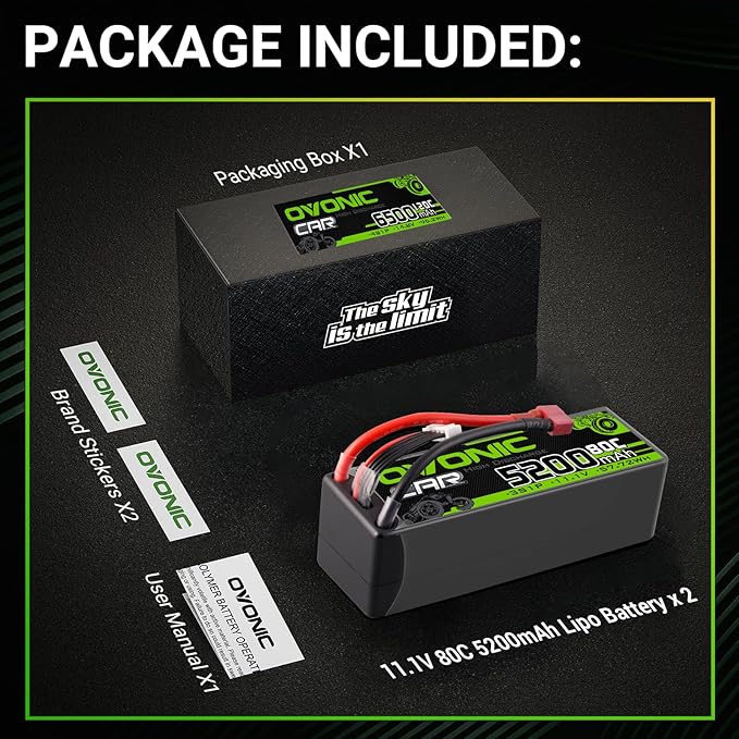 OVONIC Lipo Battery 11.1V 80C 5200mAh 3S Battery with T-Style Connector Hardcase Battery for RC Car Boat Truck Helicopter Airplane Racing Models(2 Packs)
