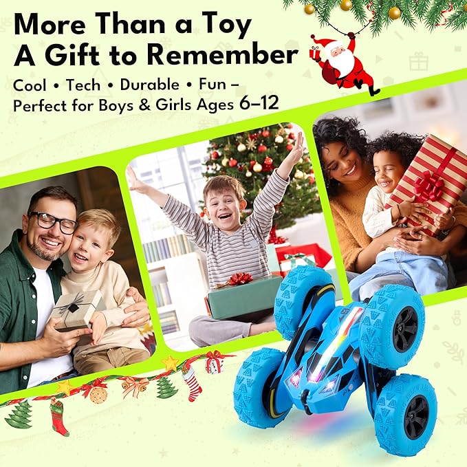 Threeking New Remote Control Car RC Flip Stunt Double Sided Driving Cars Toys for Boys Girls Ages 6-12 USB-C Modular Batteries 4WD 360° Flips with Breathing Soft Lights Presents Gifts Blue