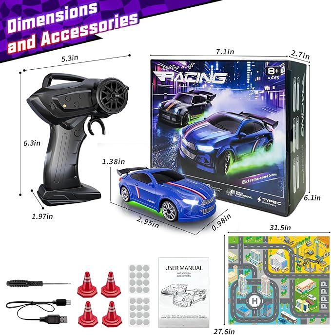 Mini RC Drift Car 1:64 Scale Remote Control Car with LED Lights &amp 2-Speed Modes 2.4GHz Stunt Drifting RC Toys with 4 Obstacles &amp Track Mat Hobby Gift for Kids &amp Adults Blue