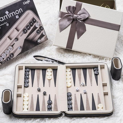 Backgammon Sets for Adults Classic Board Game with Folding Faux Leather Backgammon Case Portable Travel Backgammon Game Set (Black)