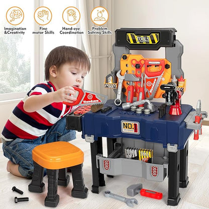 Kids Tool Bench with Electric Drill and Chair Christmas Birthday Gift for Boys Girls Age 345+ Fun Play Kids Workbench Transformable Toddler Tool Box Set Construction Tool Toys for Toddler 3-5