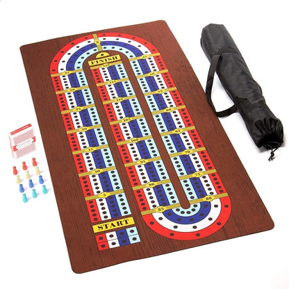 Tabletop Cribbage - Giant Spill-Resistant Neoprene Track Game Board (22 x 40) with 9 Pawns Deck of Cards &amp Travel Carry Bag - Classic Family Board Game Night &amp Bar Games - 2-4 Players 30+