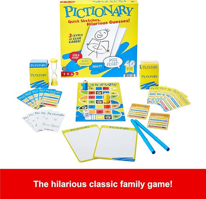 Mattel Games Pictionary Family Board Game for Kids Adults and Game Night for 2 Teams with Erasable Markers Boards and Sand Timer