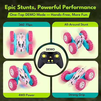 Threeking New Remote Control Car RC Flip Stunt Double Sided Driving Cars Toys for Girls Ages 6-12 USB-C Modular Batteries 4WD 360° Flips with Breathing Soft Lights Presents Gifts for Kids Pink