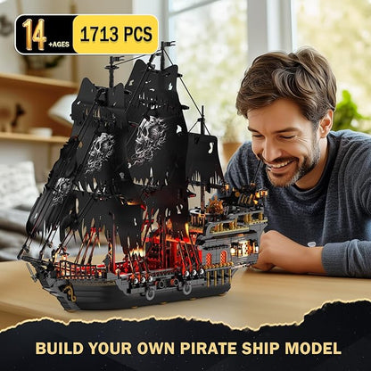 JMBricklayer Pirate Ship Building Toys with Lights Pearl Pirate Ship Model Boat Kit 40002 Black Ship Toy Building Sets for Adult Teens 14+ Home Office Decor Valentines Gifts(1713 PCS) New Upgrade