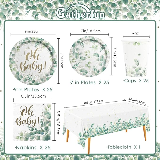 Sage Greenery Baby Shower Party Supplies Disposable Paper Plates Napkins Cups and Tablecloth for Boho Greency Party Decorations Serve 25.