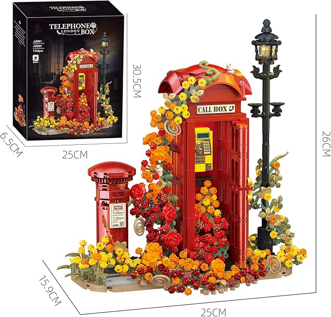 Red London Telephone Box Building Blocks Set for AdultsIdeas Flowers Phone Booth Mailbox and streetlightsCreative Gift Home Office Retro Decor