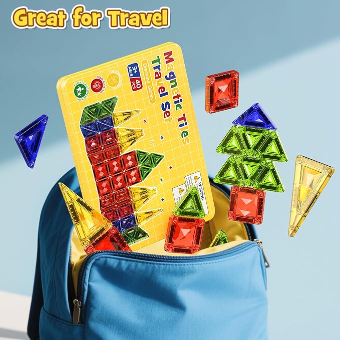 Mini Magnetic Tiles Travel Set - 40PCS Diamond Texture Magnetic Building Blocks for Kids 10% Thicker &amp Portable Yellow Metal Storage Box Montessori STEM Educational Toys Gift for Ages 3+