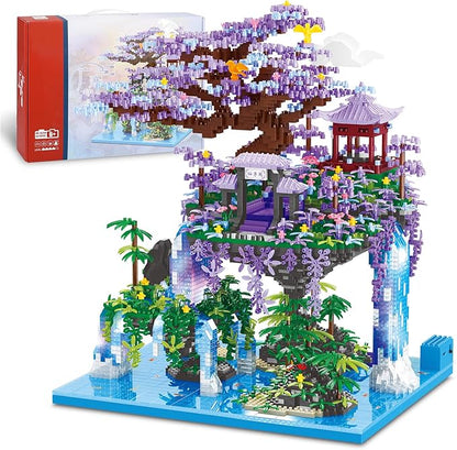 Chinese Moon Palace Pavilion Building Blocks Set - Micro Miniature Bonsai Tree House with String Lights and Flowers for Adults Teens 14+ (4574 Pieces)