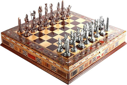 Egypt Pharaoh Antique Copper Figures Metal Chess Set for Adults Handmade Pieces and Natural Solid Wooden Chess Board with Pearl Design Around Board and Storage Inside King 3.4inc