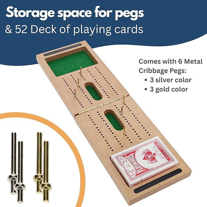 WE Games Solid Wood 2 Track Foldable Travel Cribbage Set with Storage Includes Cards &amp Metal Pegs Compact and Convenient for Travel Board Games for Adults 15 inches