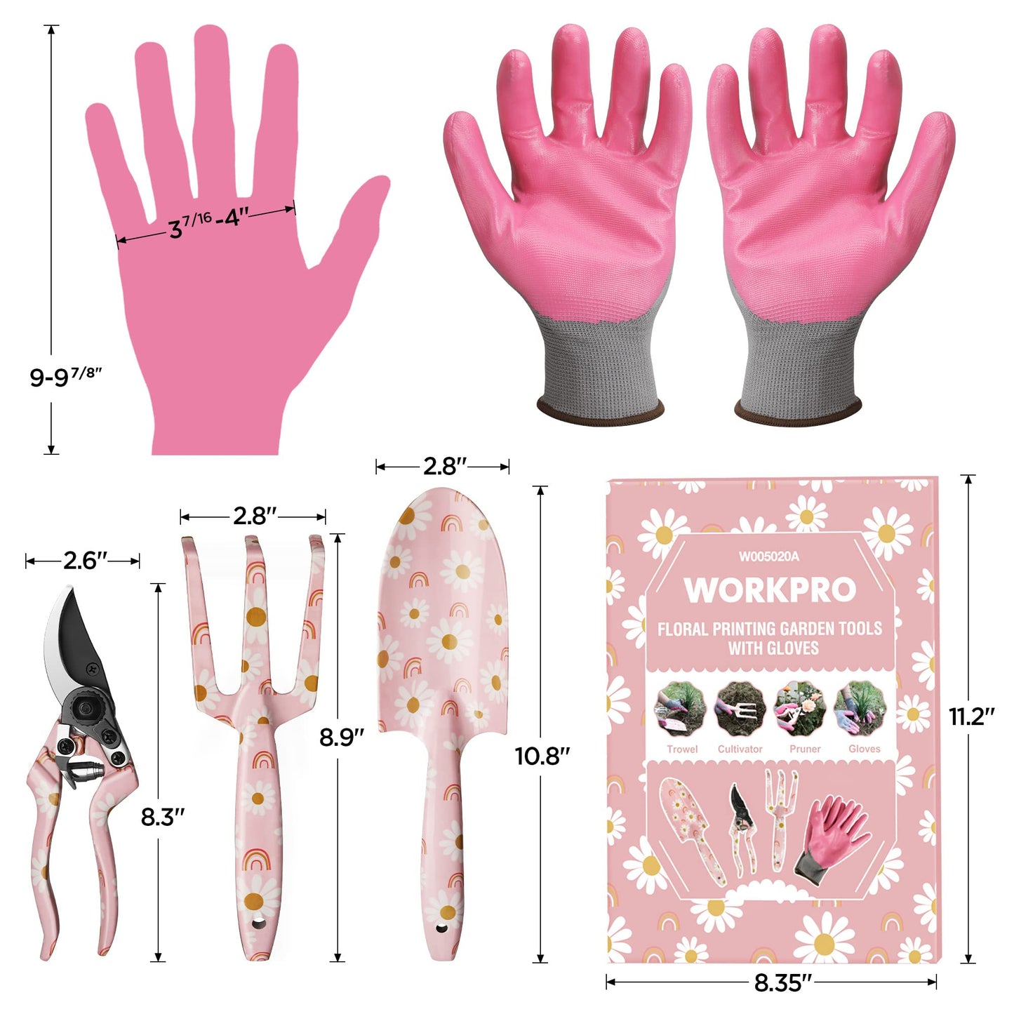 WORKPRO Aluminum Garden Tool Set, 4PCS Heavy Duty Gardening Tools with Box Include Trowel, Rake, Pruner, Gloves, Pink, Garden Gifts-Pink Ribbon