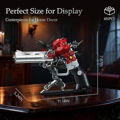 Gothic Rose Revolver Building Kit - Dark Romantic Fusion of Blood-Red Roses Twisted Thorns &amp Industrial Gears Movable Barrel Cylinder &amp Trigger Gifts Collection for Gothic Art Devotees