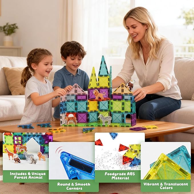Magnetic Tiles for Kids 62PCS Magnatiles Building with Storage Bag Set Toddler Construction STEM Small Travel Tiles Micro Toys for Kid Ages 3 4 5 6 7 8 9 10 Preschool Boys Girls Birthday
