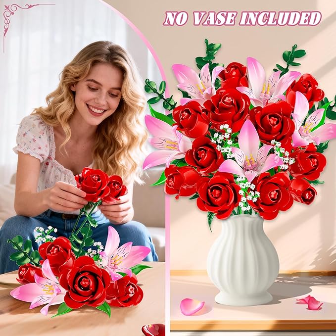 Rose Flower Bouquet Building Set with LED - Red Rose Botanical Collection Building Block Set for Adults Pink Lilies Artificial Plant for Home Decor Easter Gifts for Her Women Girls