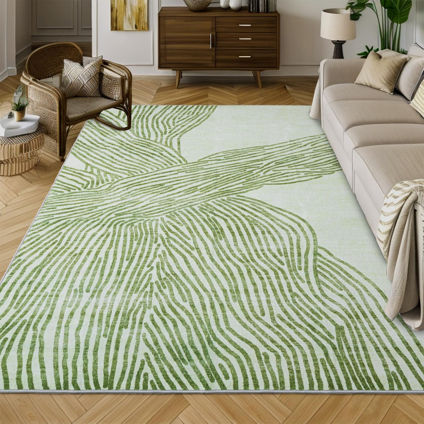 YIHOUSE Green Rug for Living Room, 6×9 Modern Abstract Area Rug, Geometric Contemporary Wave Striped Rugs for Playroom Nursery, Washable Nonslip Large Ultra-Thin Rug for Bedroom Dining Room