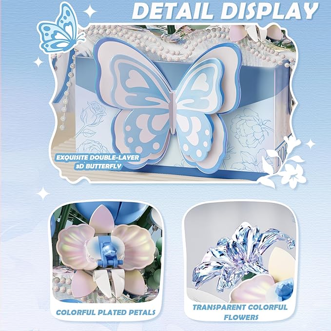 Flower Bouquet Building Blocks Model SetSimulation Artificial Rose Bonsai Plant Building Bricks ToysHandheld Gift Box Home Decor (Blue Butterfly)