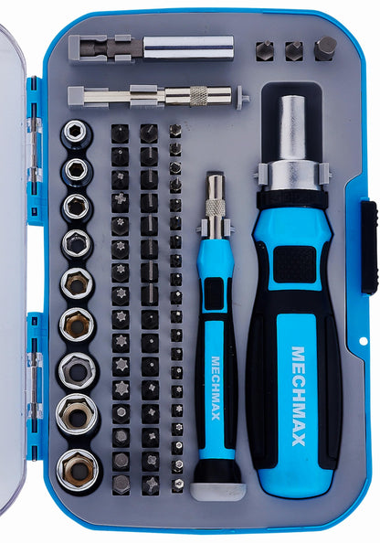 68 Piece MECHMAX Magnetic Ratchet Screwdriver Set, Socket and Interchangeable Bits Slotted, Phillips, Star, Precision Bits with Case for Home, Office, Car, Automotive, Ring Doorbell and as A Gift