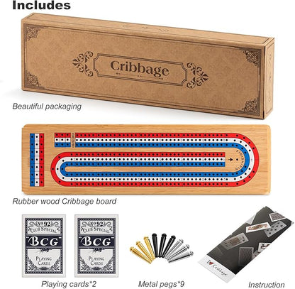 Cribbage Board Game Set with Large Storage Area Solid Wood 3 Track Cribbage Board 9 Metal Pegs 2 Playing Cards and Instruction. Portable Travel Board Game for All Ages.