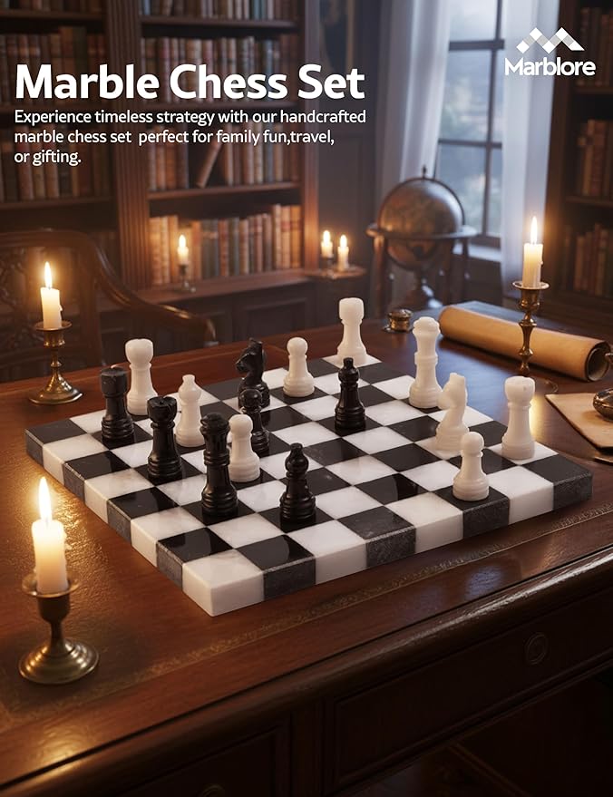 Marble Chess Set 10 Black &amp White Chess Games with 32 Chess Pieces &amp 2 Extra Queens for Beginner Board Games Valentine’s Day Game Nights