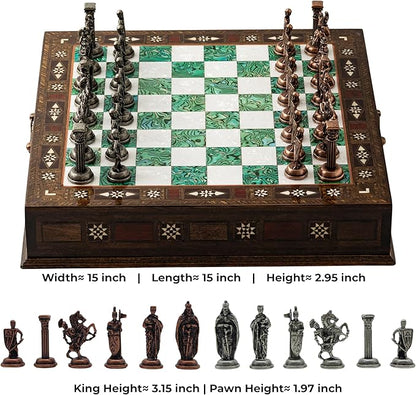 15'' Wooden Chess Set with Metal Chess Pieces – Handmade Storage Chess Board &amp British Metal Pieces – Elegant Chess Gift for All Ages – Gift for Him (Green)