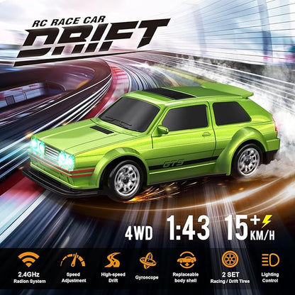 Mini RC Drift Car 1/43 with Gyroscope 4WD Full Proportional RC Car 2.4GHZ Hobby Grade Remote Control Cars RTR Model Vehicle 20+KM/H High Speed for Hobbyists Kids Adults(Green)