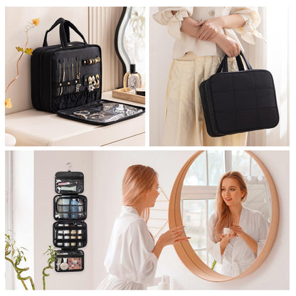 HBlife Travel Toiletry Bag with Jewelry Organizer for Women, Puffy Hanging Travel Bag for Toiletries with Trolley Belt, Waterproof Makeup Cosmetic Bag, Travel Accessories Essentials(Black, M)