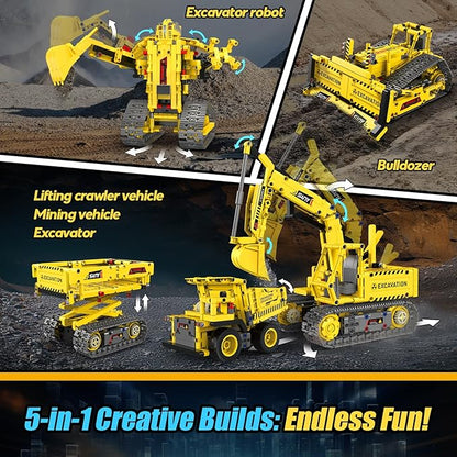 Robot Building Kits 5-in-1 Stem Toys for Boys Age 8-14 APP &amp Remote Control Excavator Kids Construction Toys Programmable Erector Sets Educational Robotic Kit Gifts for Girls Boys (555 PCS)