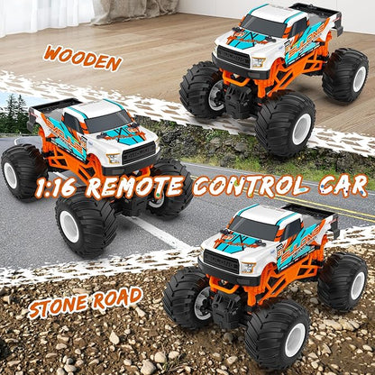 Remote Control Car 1:16 Scale RC Monster Truck for Boys 2.4 GHz All Terrain RC Cars for Boys Girls 4-7 8-12 20 Km/h Off Road RC Truck Christmas Birthday Gift for Kids and Adult Orange
