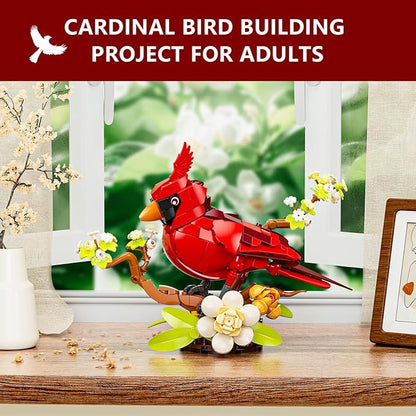 Northern Cardinal Building Set Male Cardinal Bird with Blooming White Dogwood Flowers Creative Set for Adults to Build and Display Red Cardinal Modle Memorial Gifts for Bird Lovers