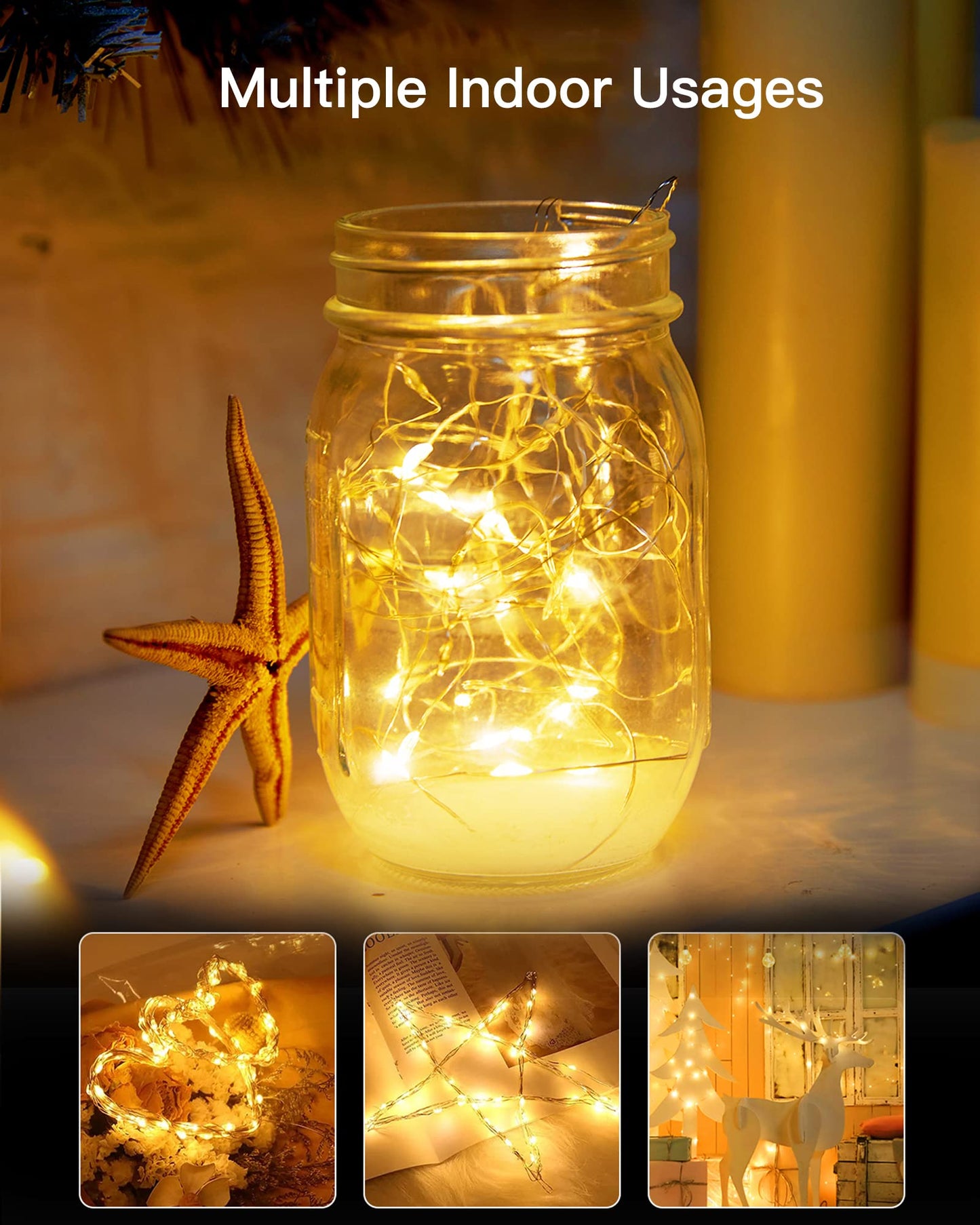 Brightown Solar String Lights, 2 Packs Total 66Ft 200 LED Solar Fairy Lights with 8 Modes, Waterproof Solar Lights for Outside Patio Yard Tree Wedding Christmas(Warm White)