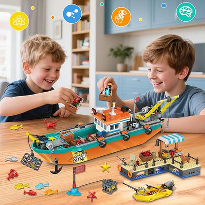 City Fishing Boat Wharf Building Set - Floatable Sea Fishing Ship Building Block Kit with Speedboat Crane Containers Exploration Boats Toy Birthday Gift for Kids Boys Girls 6 7 8 9 10+ 762PCS